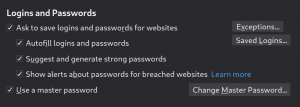 Firefox logins and passwords options in Preferences